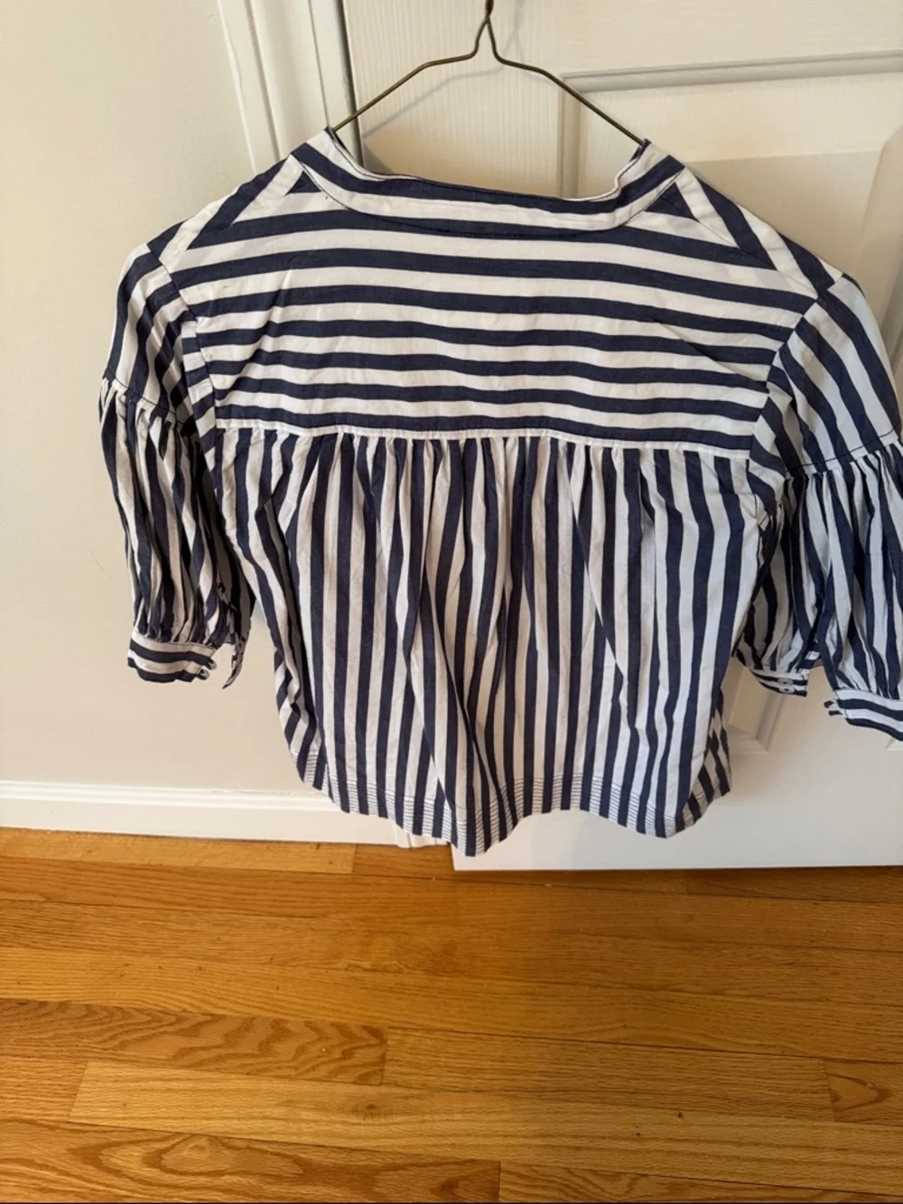 Anthropologie Navy and White Striped Puff Sleeve Blouse